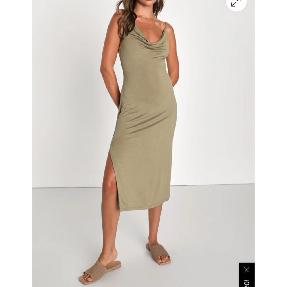 Lulu's Olive Green Cowl Neck Midi Column Dress Size Medium Low Open Back Slit